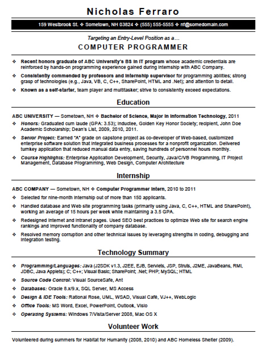 Entry Level Computer Programming Resume Template Resume Templates