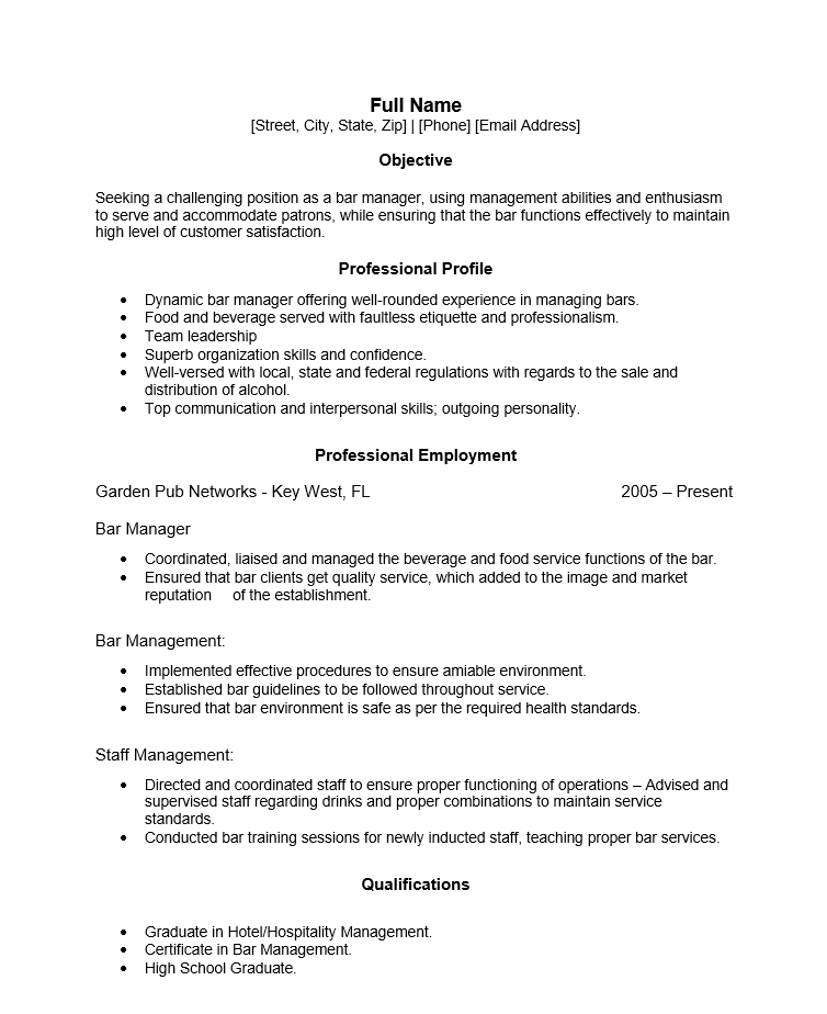 Winning bartender resume