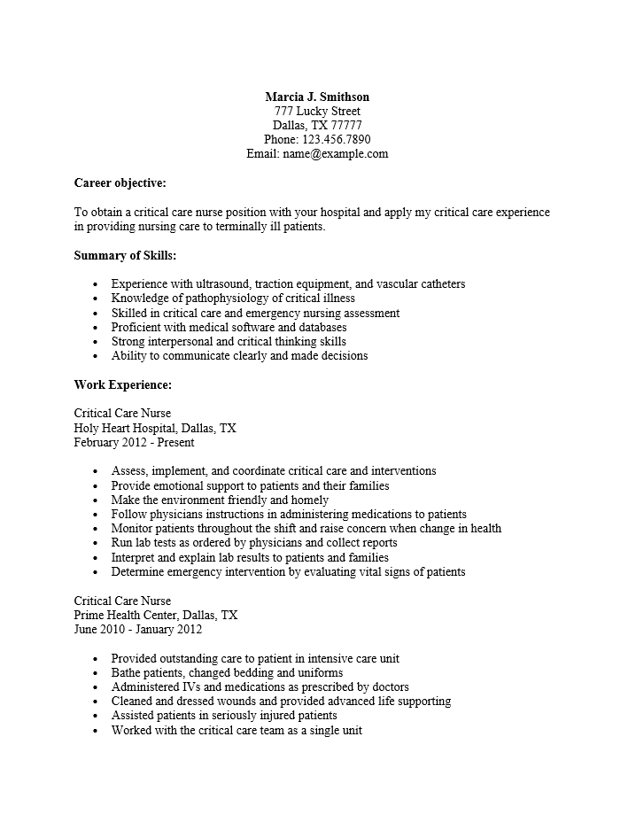 Best Intensive Care Unit Registered Nurse Resume Example