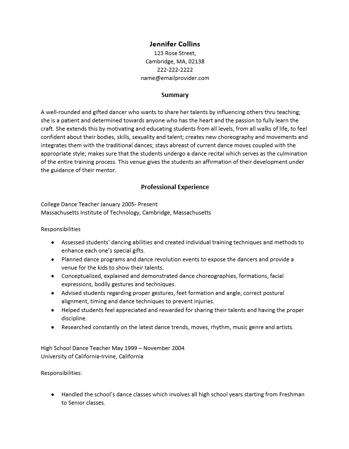 Dance Teacher Resume Template Resume Templates