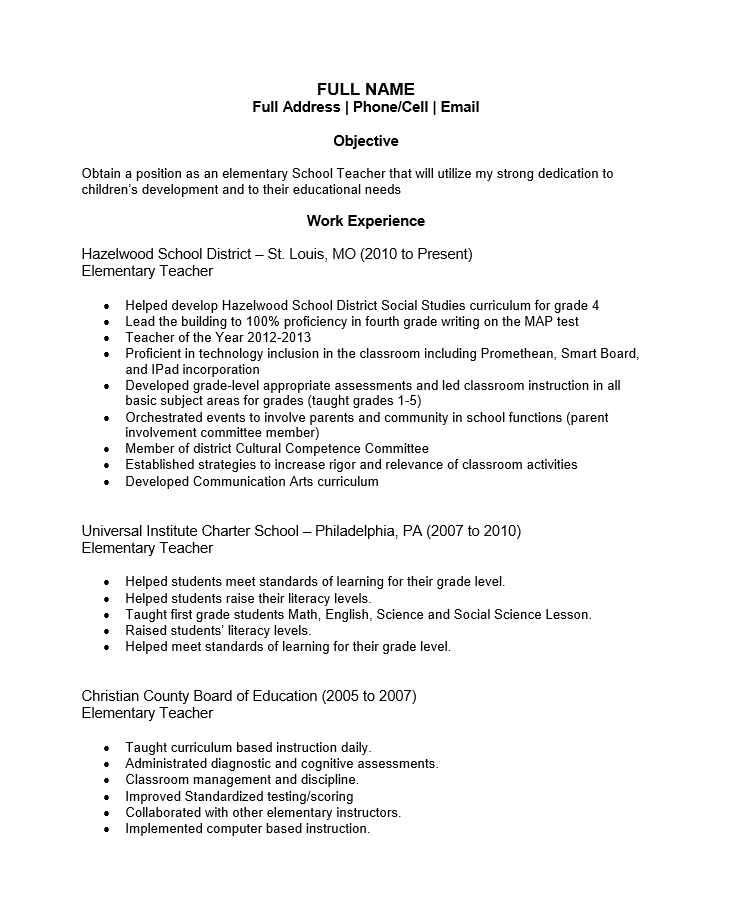 Free Elementary Teacher Resume Template Sample MS Word