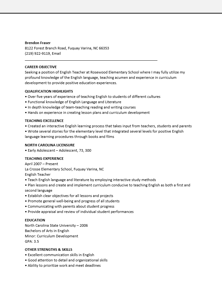 English Teacher Resume Template Resume Templates