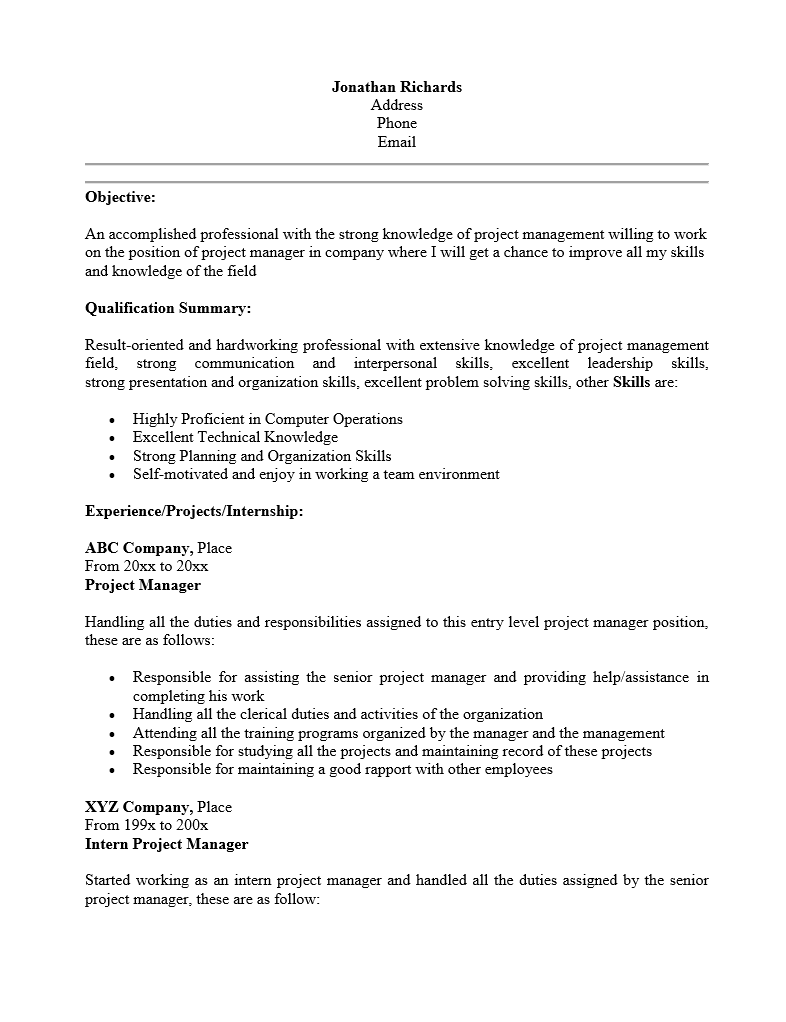 Sample project manager resume templates