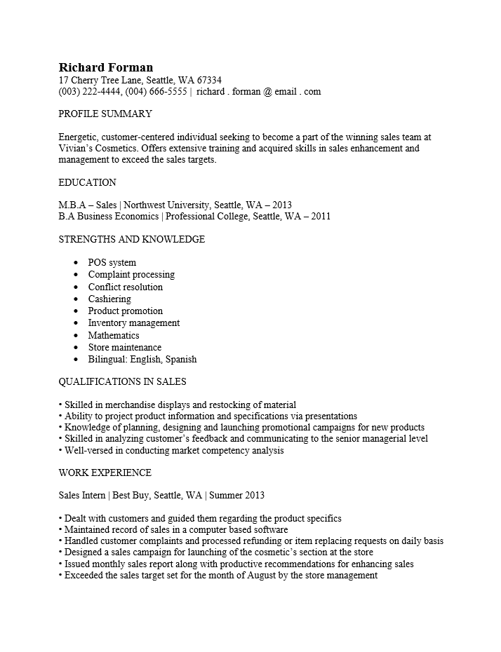 cosmetic sales associate resume