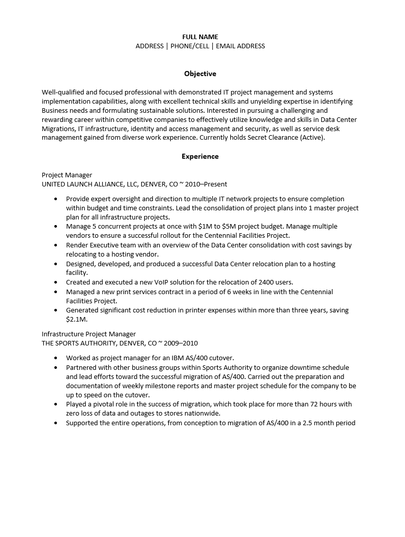 infrastructure project manager resume template   resume templates