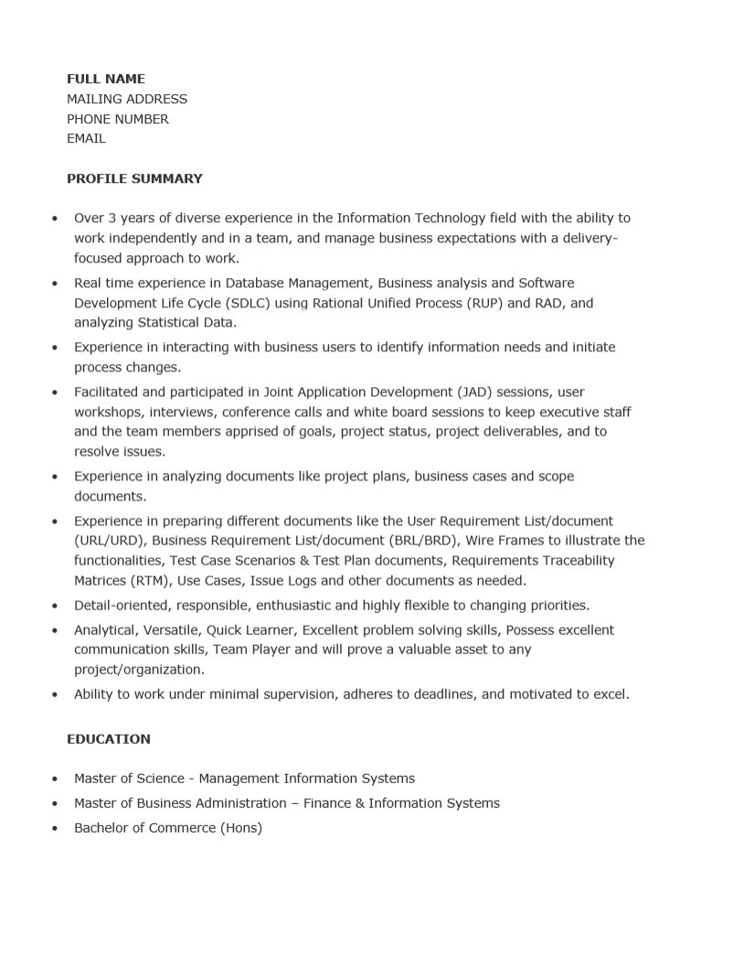 Sample jr business analyst resume