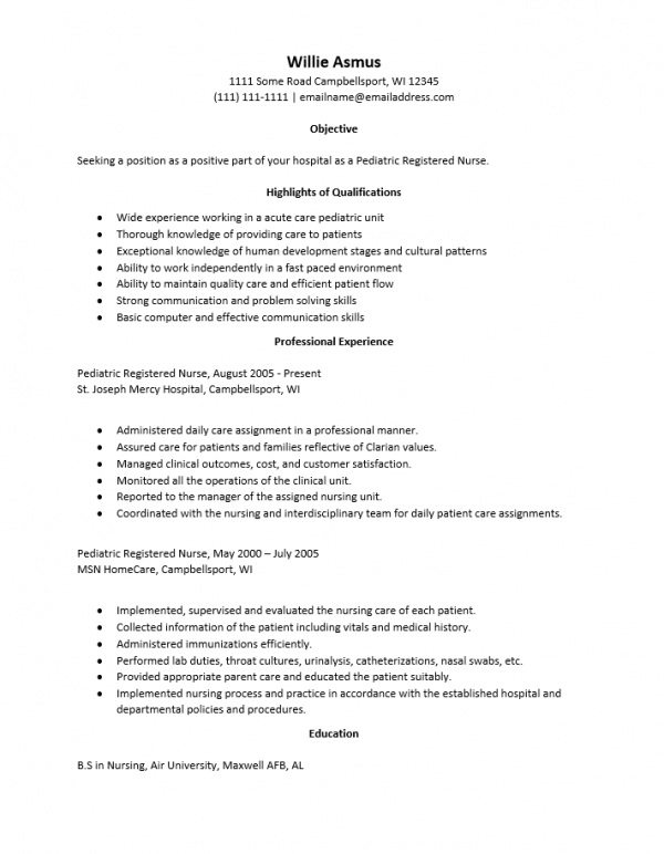 Pediatric Care Nurse Resume Template Resume Templates 6582