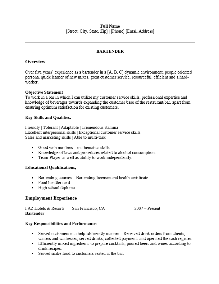 free bartender resume template download