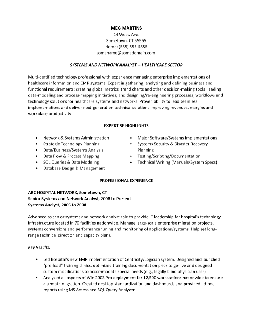 Junior system analyst sql resume