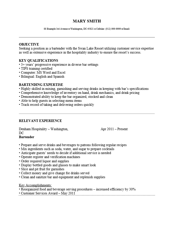 microsoft word 2007 bartending resume template