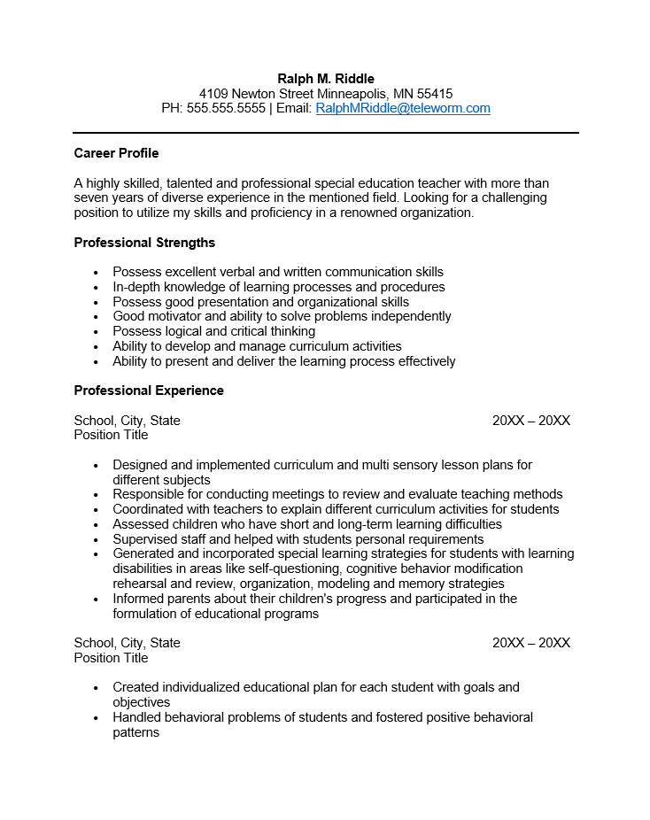 free professional resume templates for educators