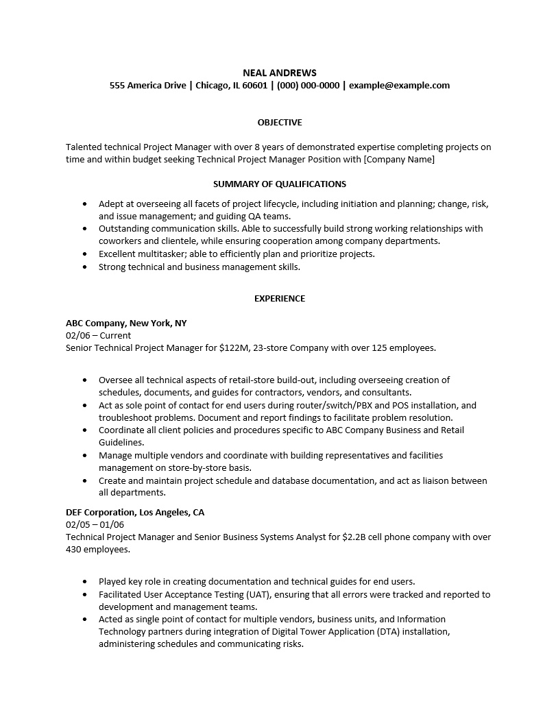 Technical manager resume sample