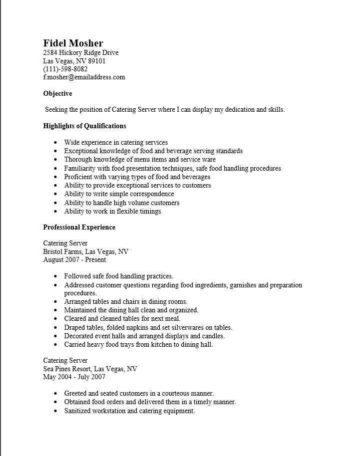 Catering Server Resume Template : Resume Templates