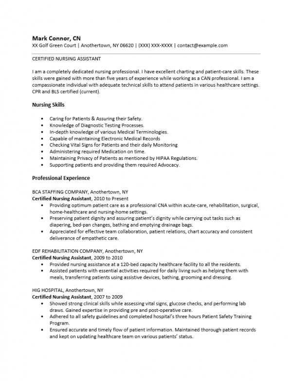 Certified Nursing Assistant Cna Resume Template Resume Templates