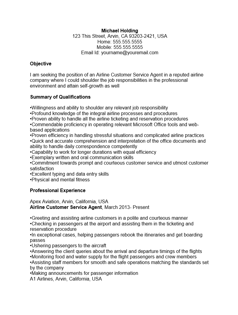 airline customer agent resume