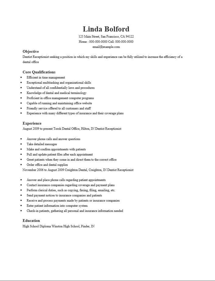 Resume For Dental Receptionist Remar