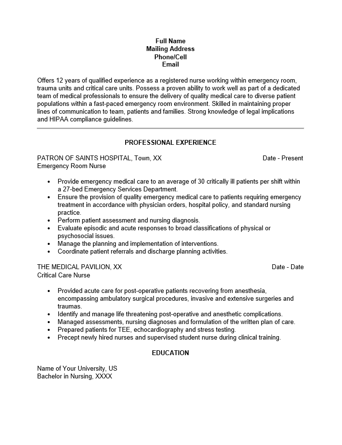 Emergency Room Nurse Resume Template Resume Templates