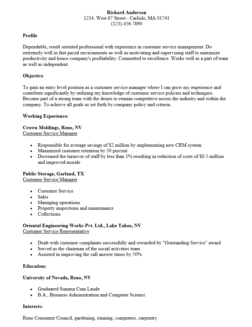 Customer Service Manager Resume Template Resume Templates