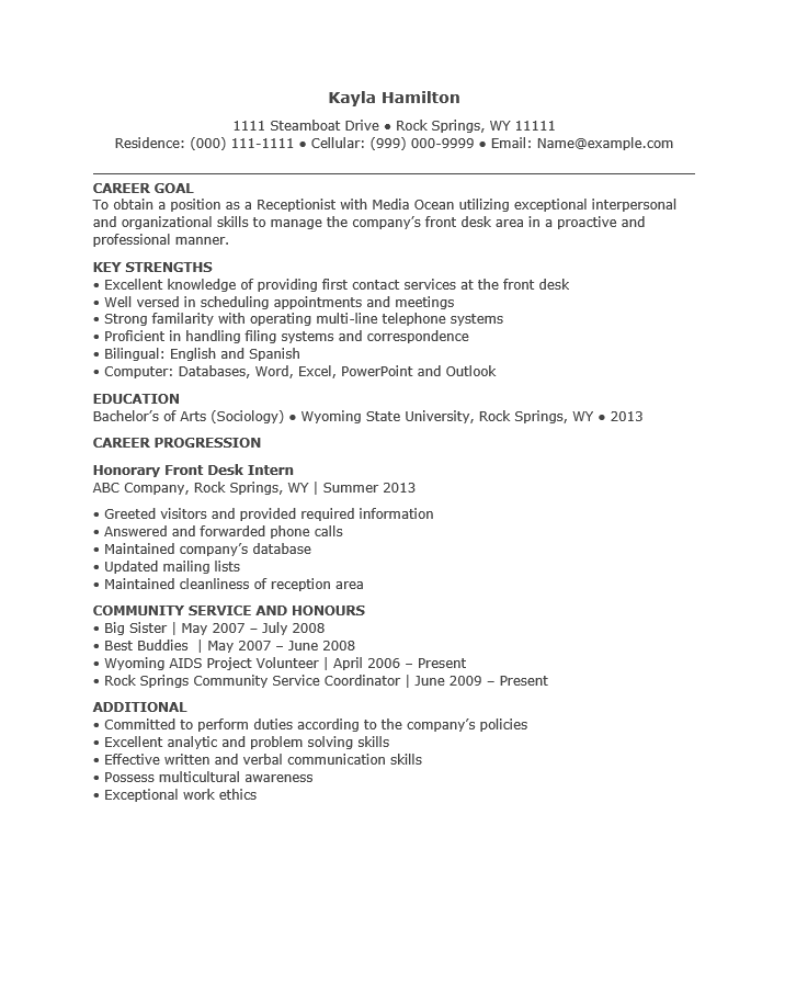 Entry Level Receptionist Resume Template Resume Templates