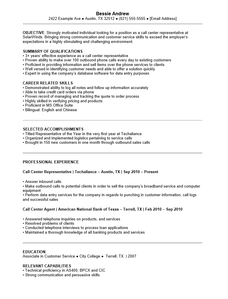 Call center customer service resume samples