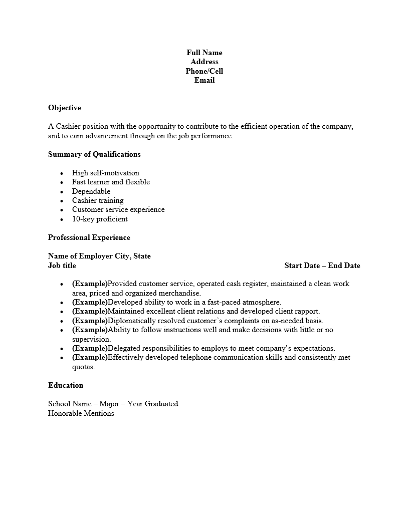 Resume fast food restaurant cashier