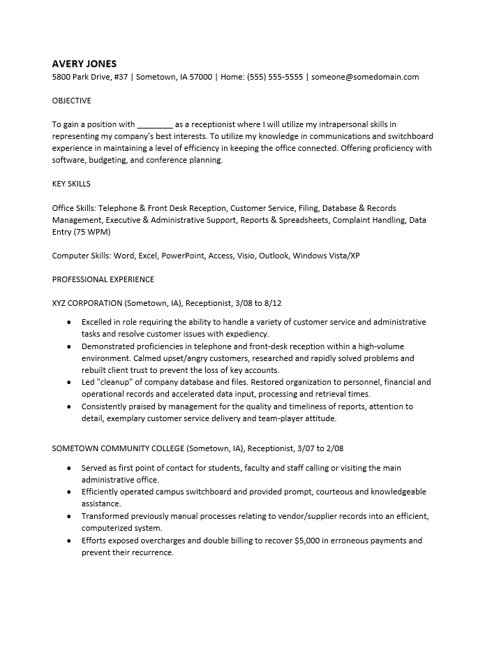 Hospital front desk receptionist resume