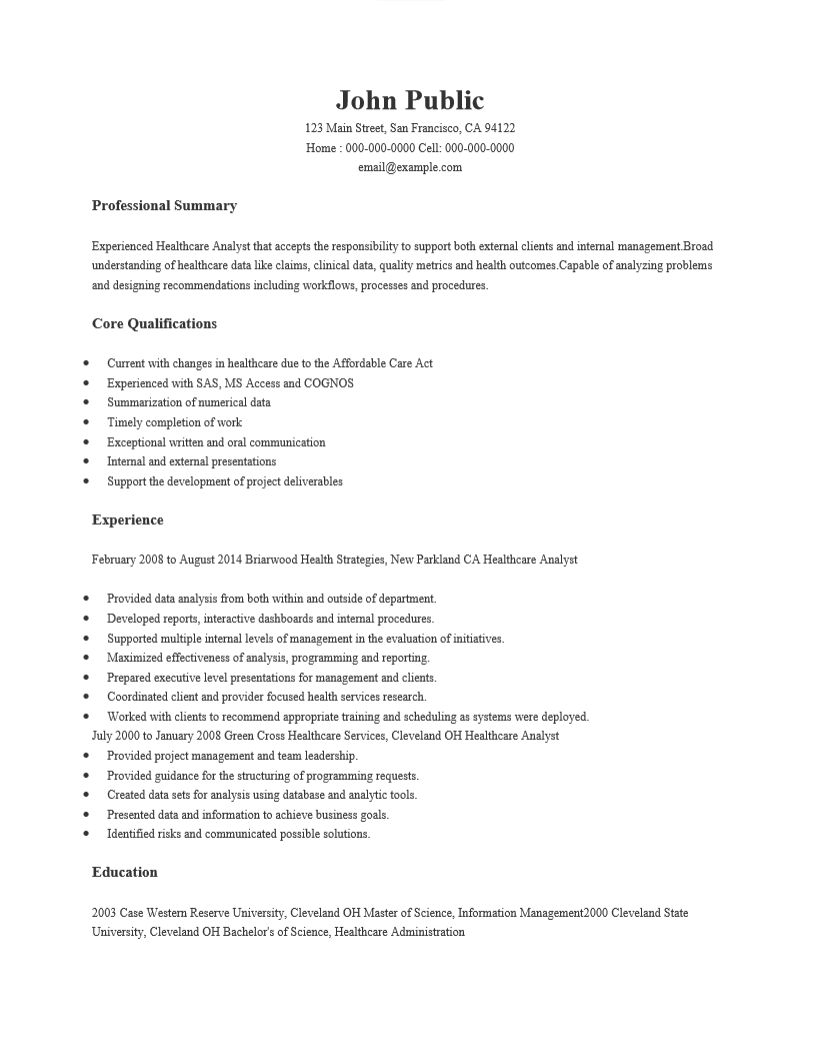 Healthcare Business Analyst Resume Template Resume Templates