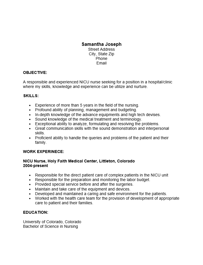 Neonatal icu nurse resume