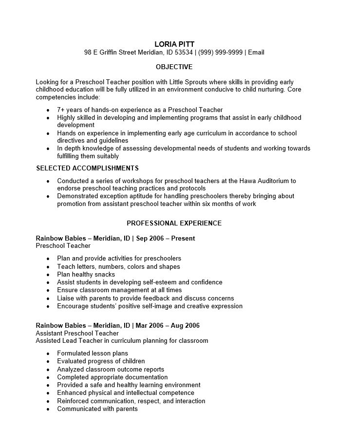 Preschool Teacher Resume Template : Resume Templates