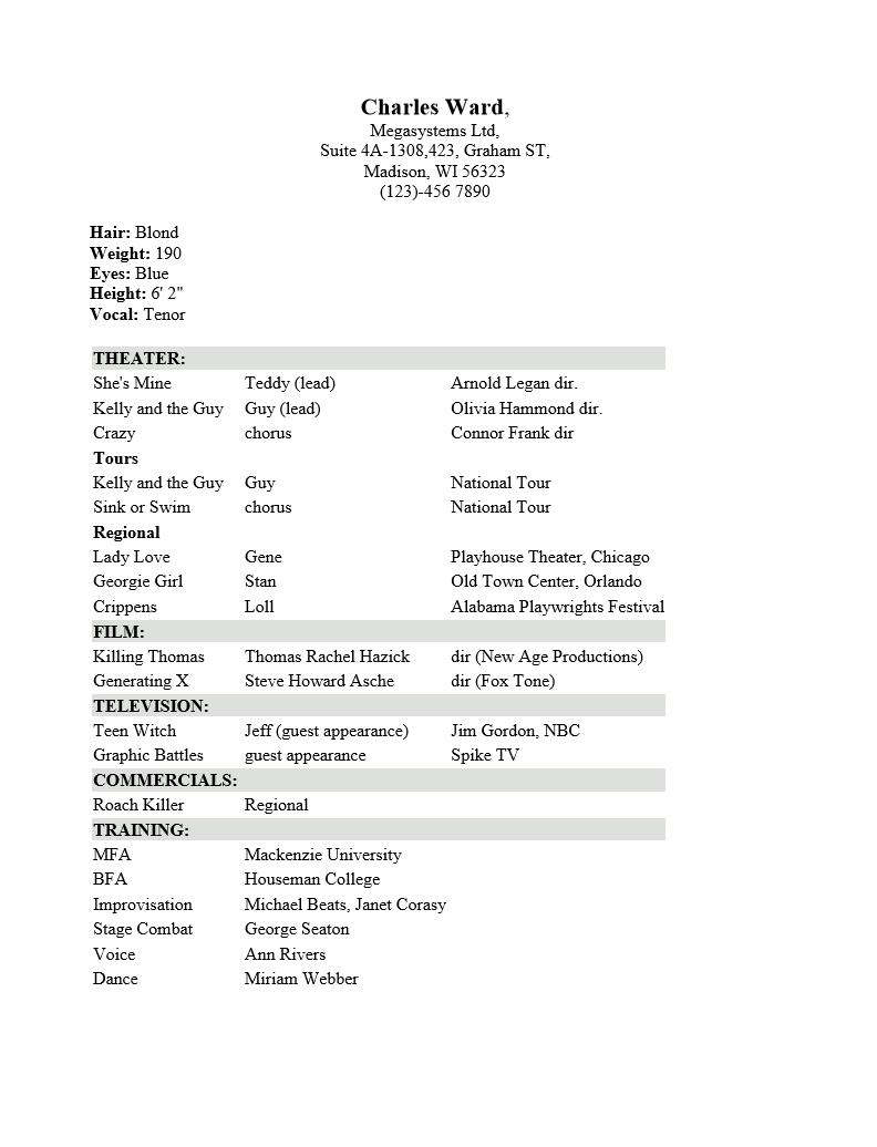 free professional acting resume sample ms word