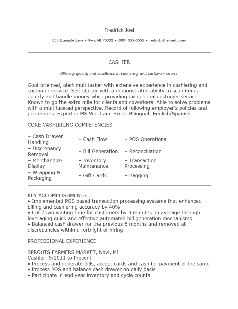 Free Restaurant Cashier Resume Template Sample MS Word