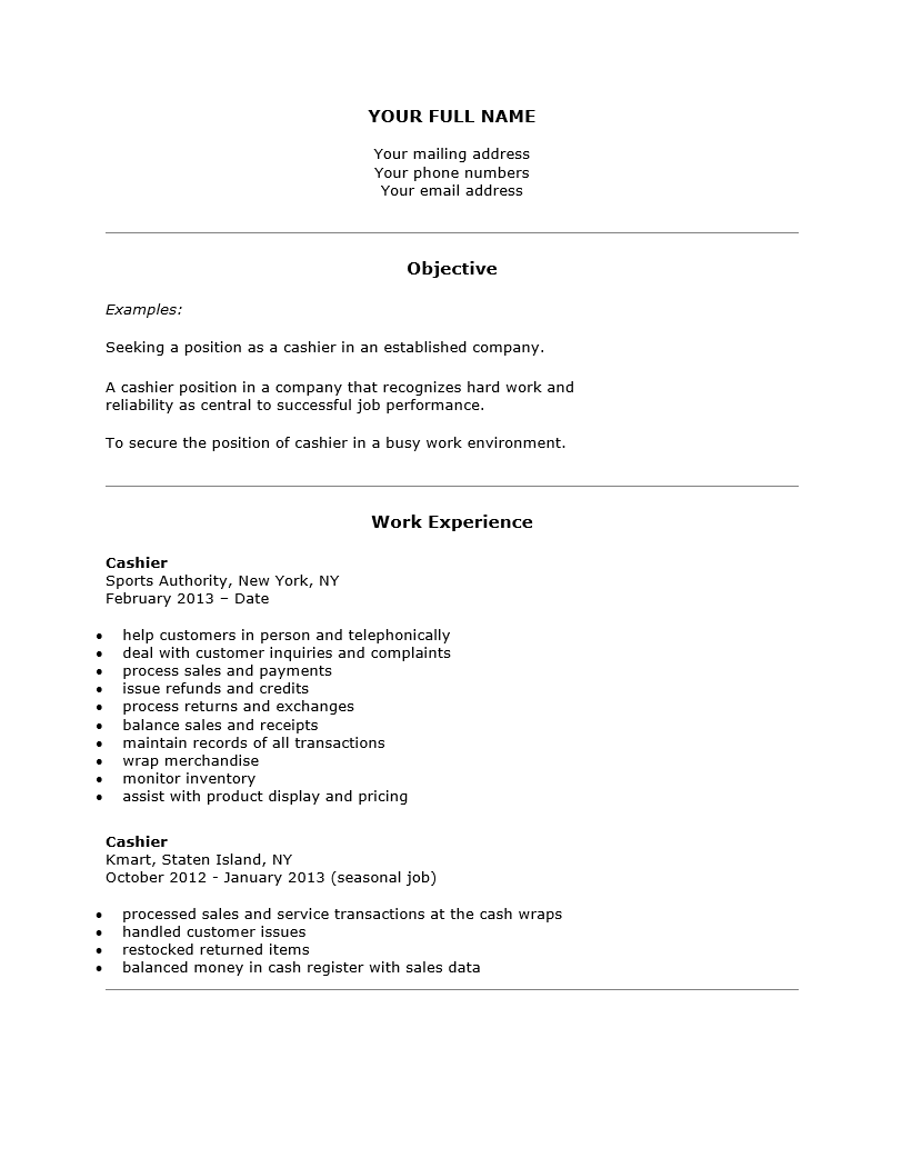 Cashier Requirements For Resume