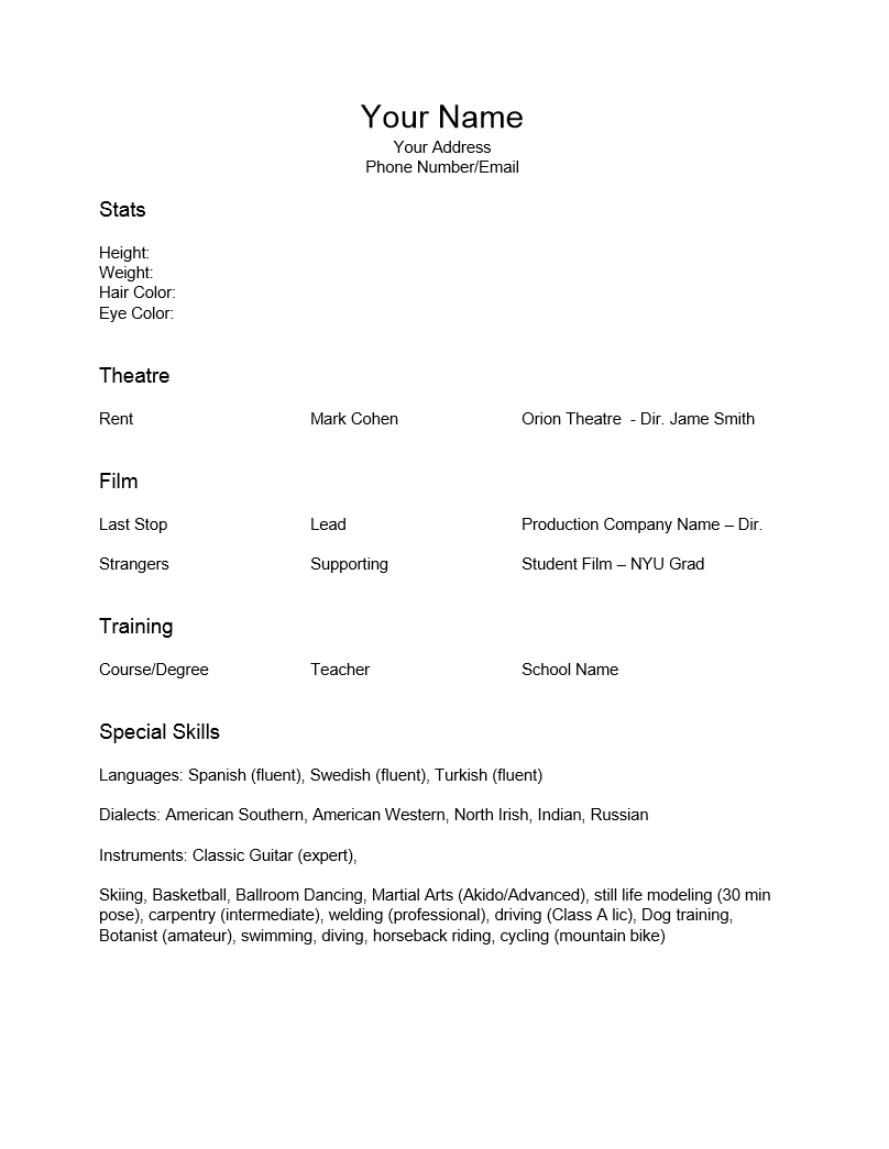 Beginner Acting Resume Template Word