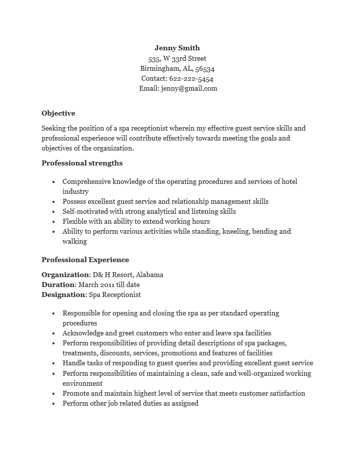 Spa Receptionist Resume Template Resume Templates