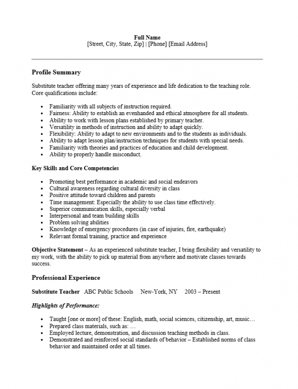 Substitute Teacher Resume Template Resume Templates 9408