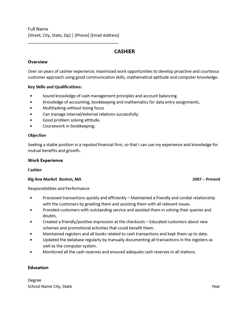 Sample resume on cashier