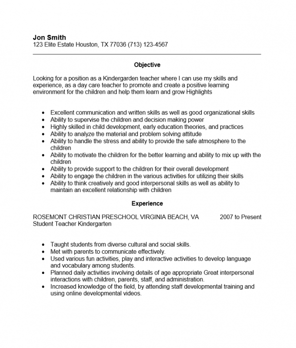 Kindergarden Teacher Resume Template : Resume Templates