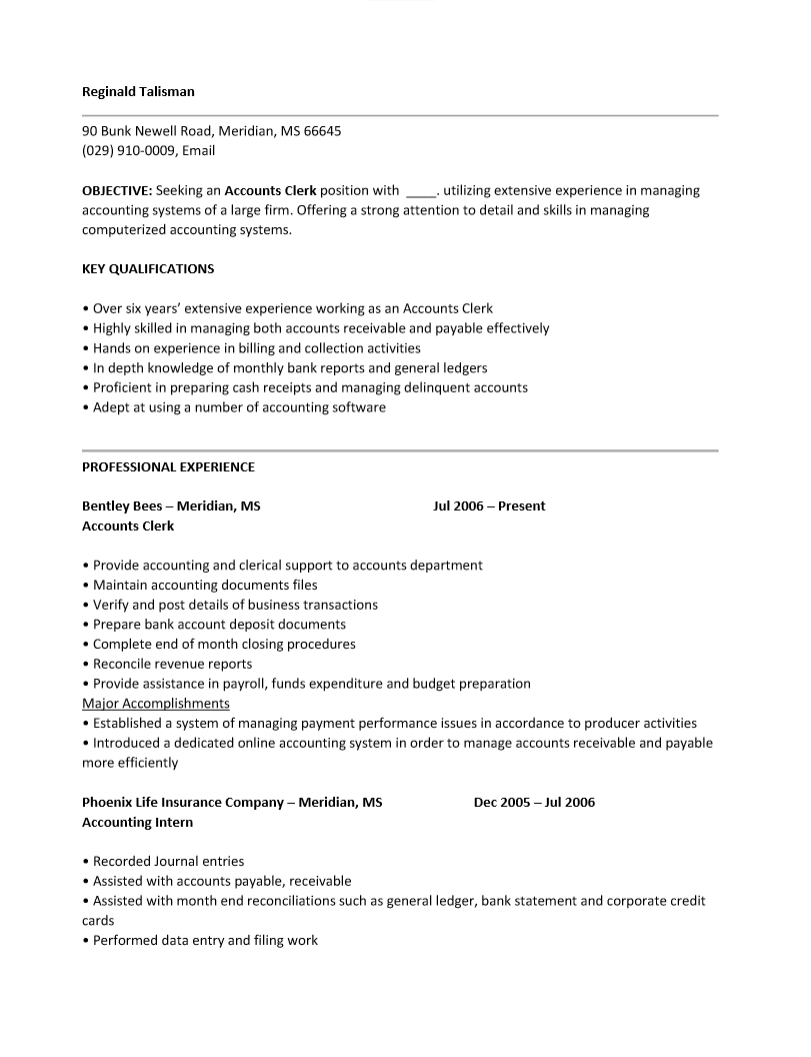 Accounting Clerk Resume Template Resume Templates