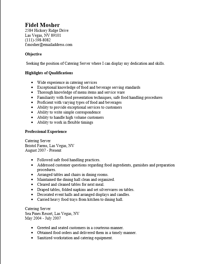 Catering Server Resume Template Resume Templates