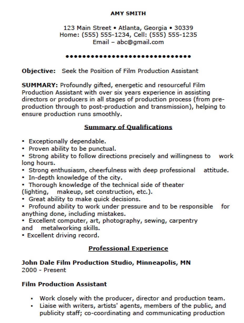 free resume templates film production assistant