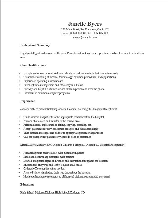 sample resume for receptionist in hospital
