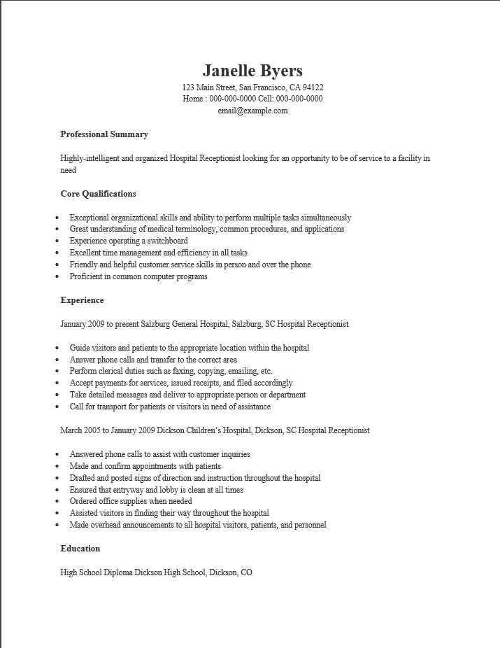 Hospital Receptionist Resume Template Resume Templates