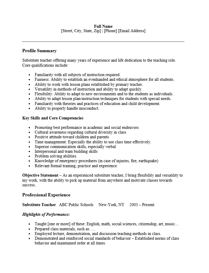 substitute teacher job experience on resume