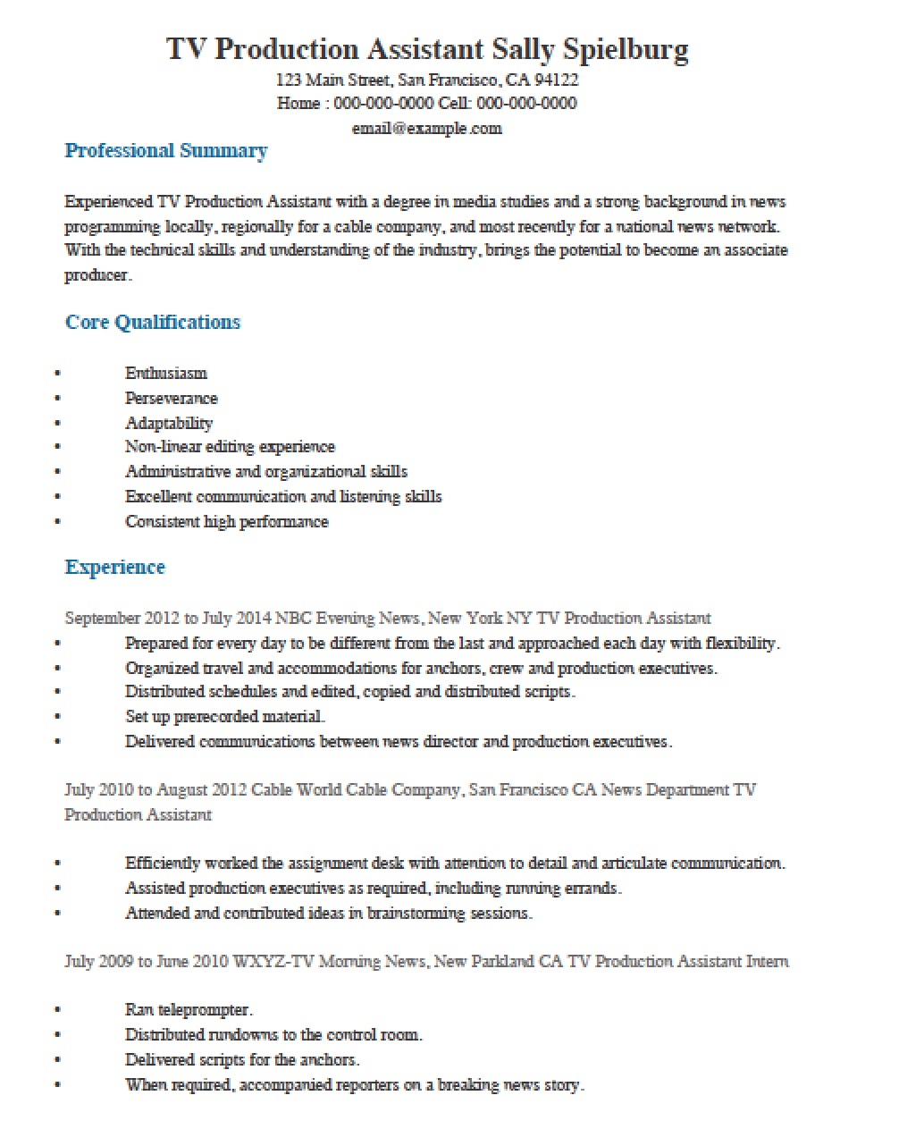 film production assistant resume